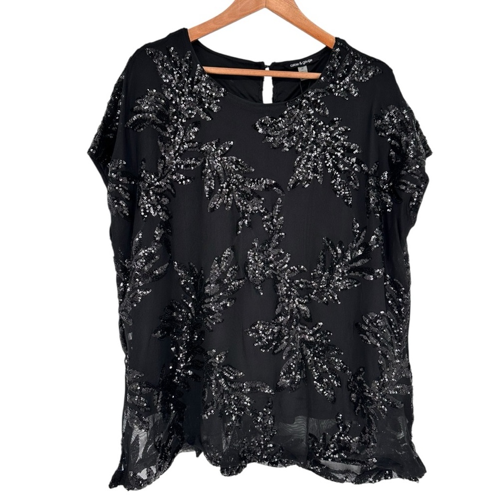 Cable & Gauze Black Sequin Leaf T-Shirt size 2X Short Cap Sleeves NWT